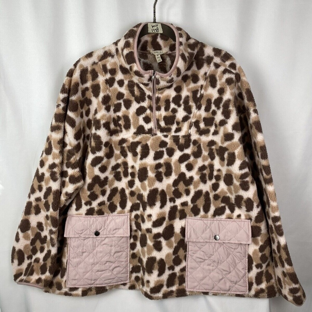 NWT COMO BLU Fleece Popover Sweatshirt Woman 3X Pockets Half Zip Animal Print.